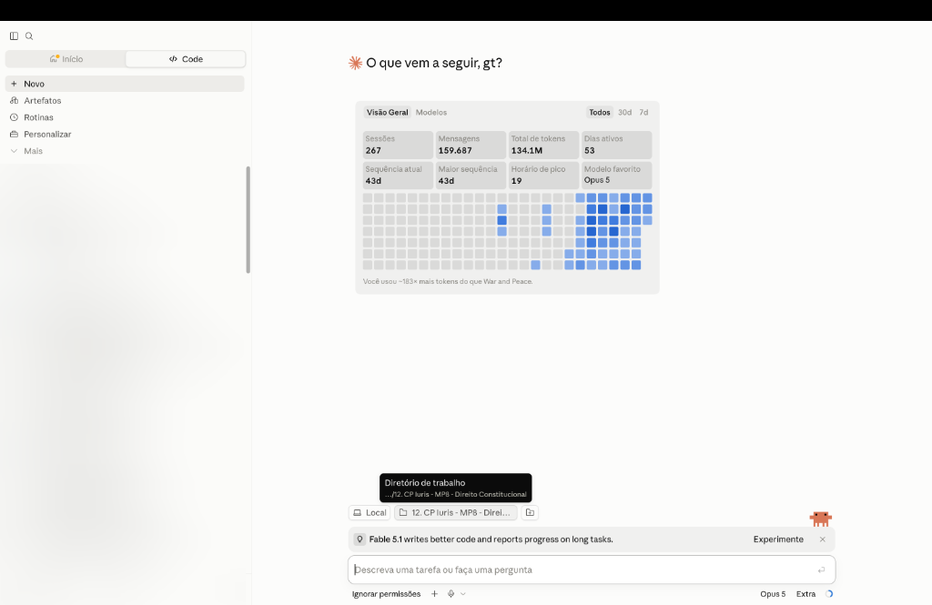 Interface do Claude Code mostrando o seletor visual de diretório de trabalho local